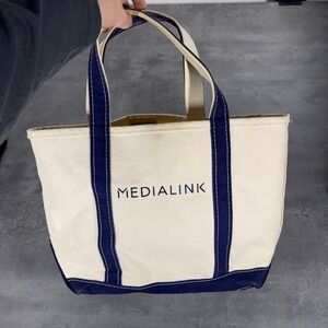 Vintage 80s LL Bean Boat Tote Bag Medium Cream Navy Medialink Canvas USA Made